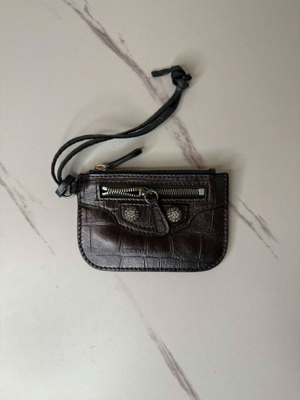 Balenciaga Le Cagole Coin Purse feat. Blk Crocodile-Embossed Calfskin Leather